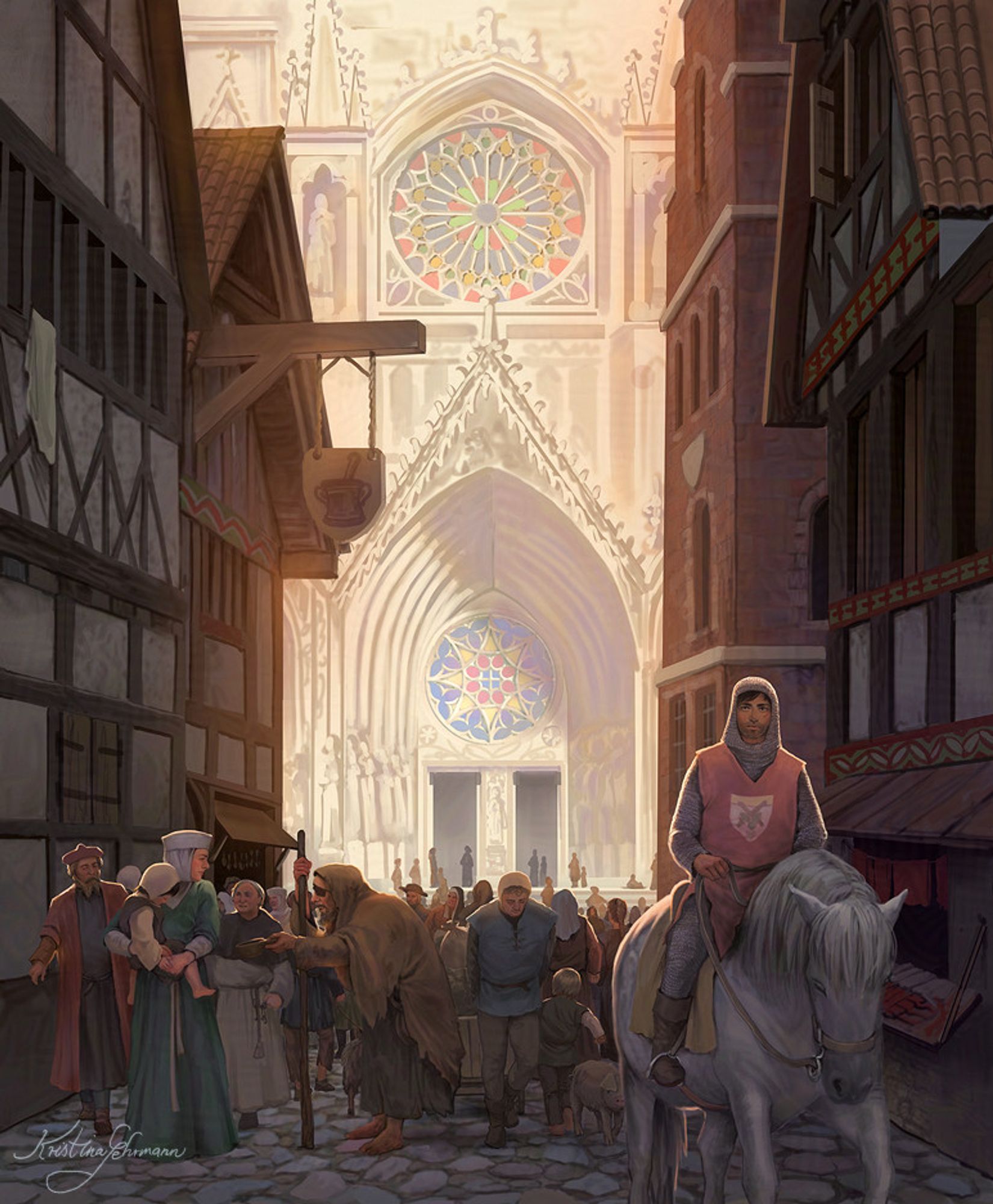 A medieval city street between houses, facing a cathedral. In the foreground, a knight on a horse looking at us.