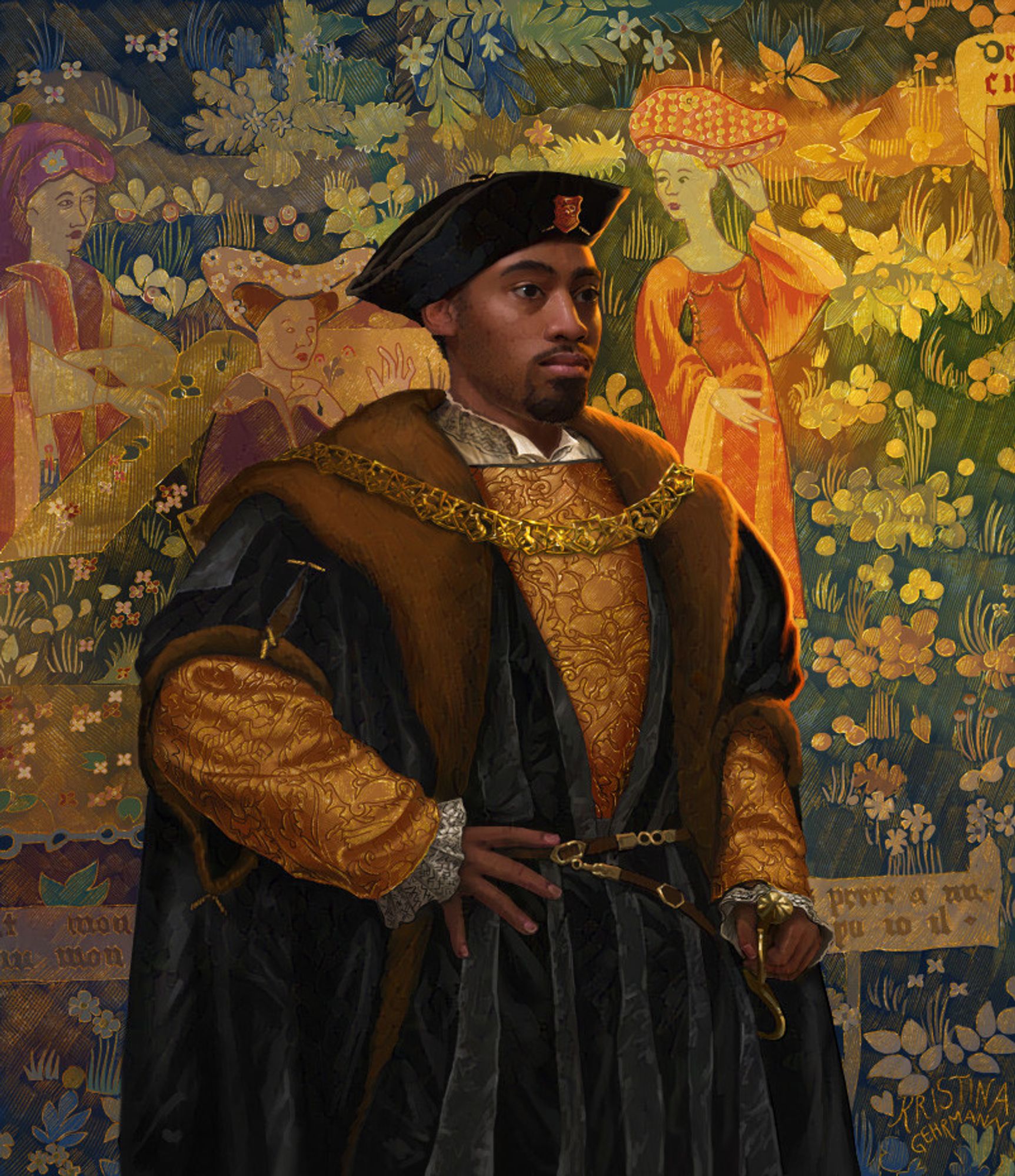 Portrait of a young man wearing the fashion of the 1530s, standing in front of a gorgeous colorful medieval tapestry woven with gold.