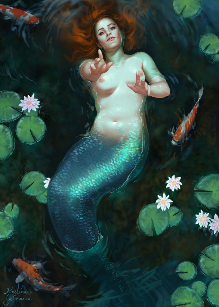 Curvy mermaid lounging in shallow water with colorfui koi carps and water lilies around her. She is reaching out towards us.