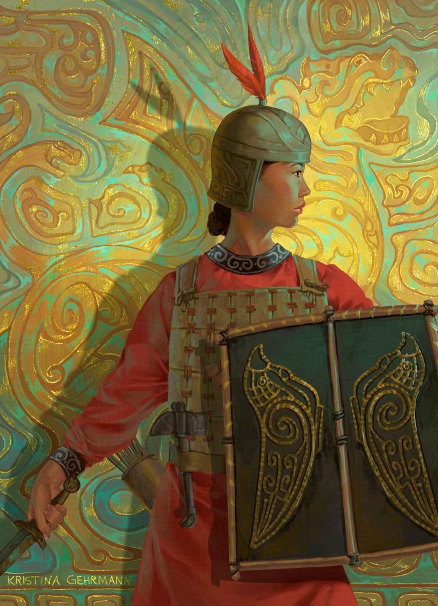 Half-body portrait of Fu Hao in armor, holding a sword and shield. She is standing against a background with a dragon motif in turquoise and gold.