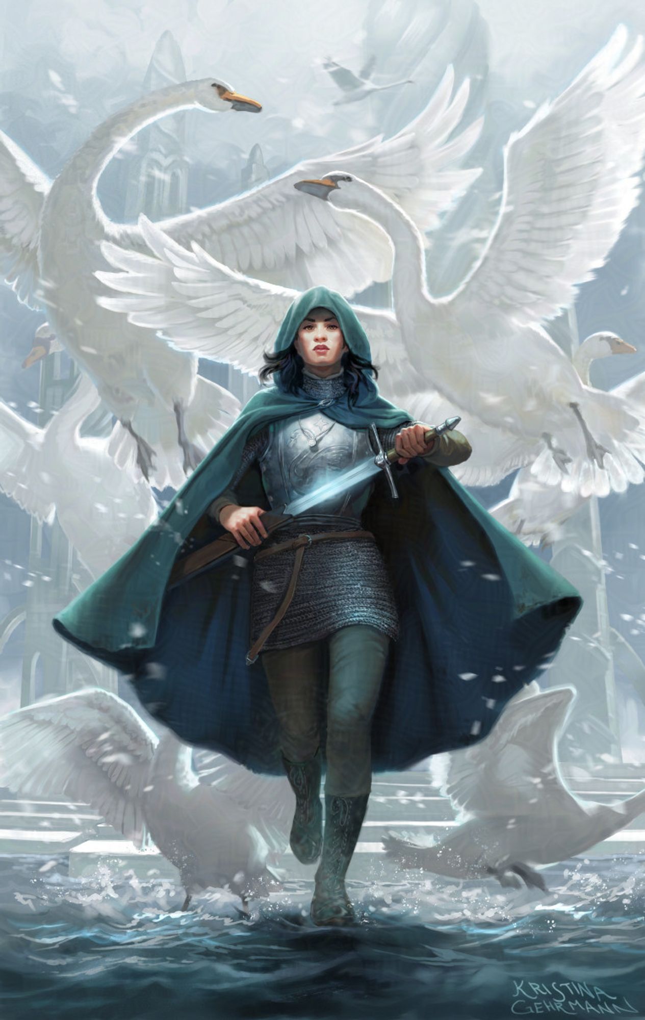 Illustration of a warrior in chainmail and cloak, drawing her sword, stepping over a water surface towards the viewer. Behind her, a flock of swans rises up into the sky.