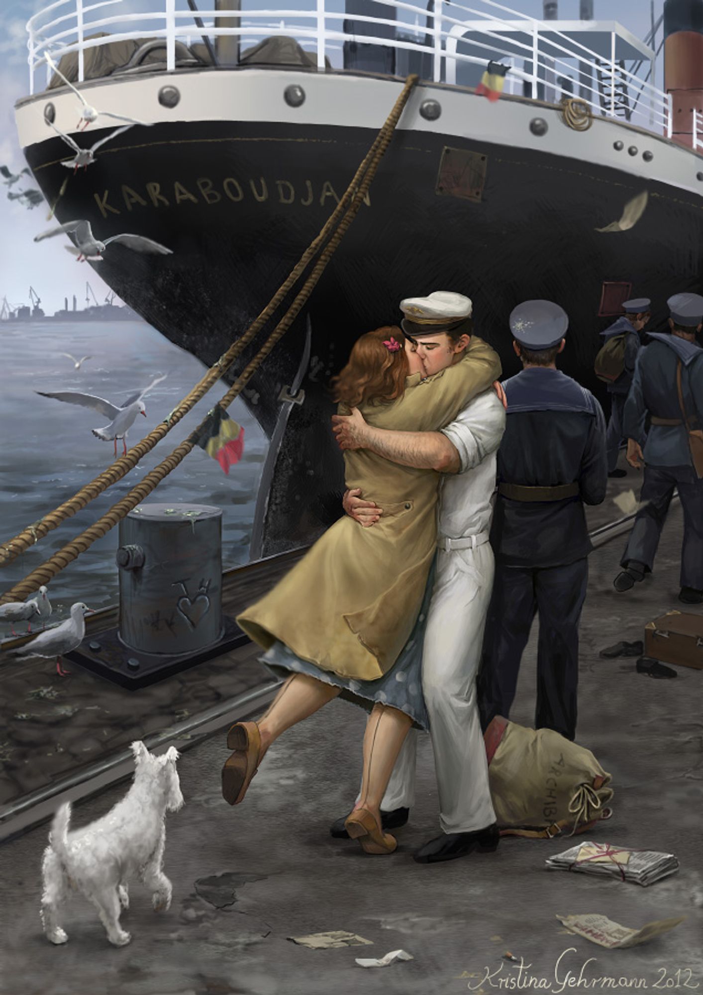 Woman embracing her sailor boyfriend at the pier. A ship in the background. WW2 era