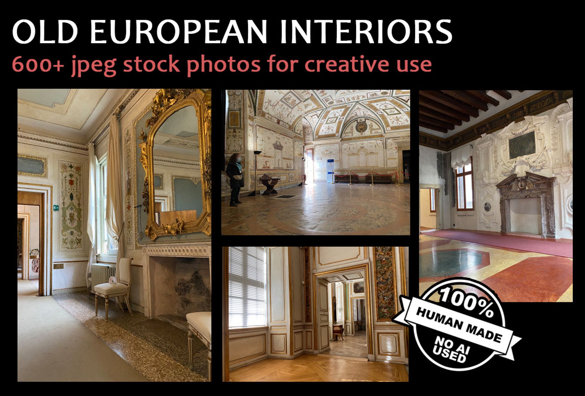 Views of 4 palace interiors, from Renaissance to Rococo eras. A preview of a reference image pack for creative use.