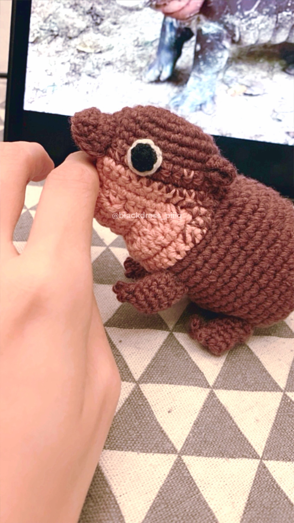 A crochet toy hippo moo deng.