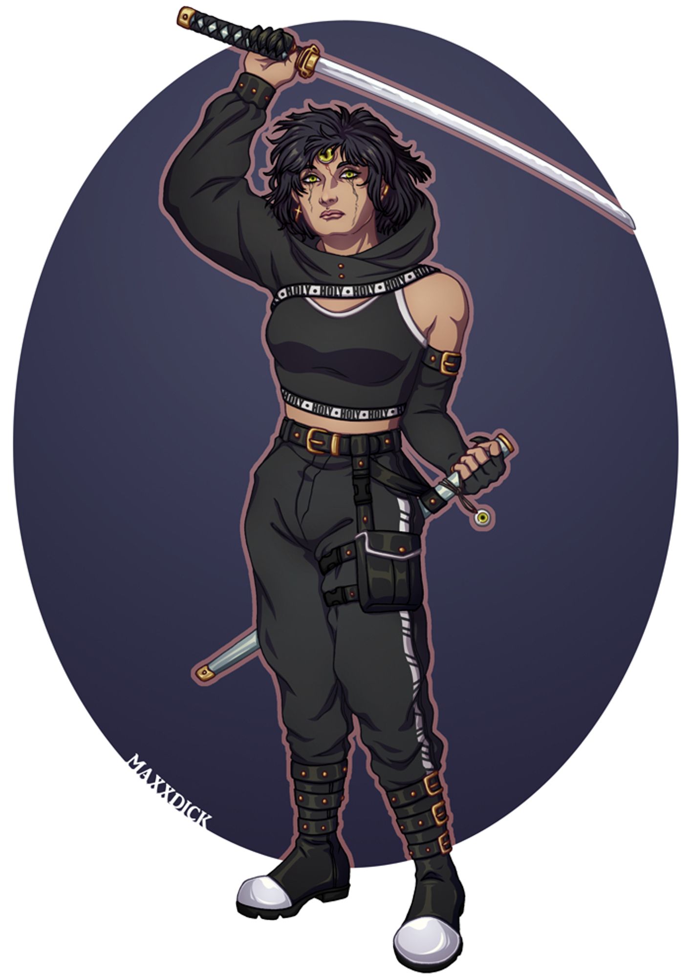 Fullbody illustration by maxxdick of a Vampire: the Masquerade player character vampire, a Salubri, with a large third reptilian eye on her forehead, tear-like inky and bloody markings trailing from all three eyes, in black techwear, wielding a katana.