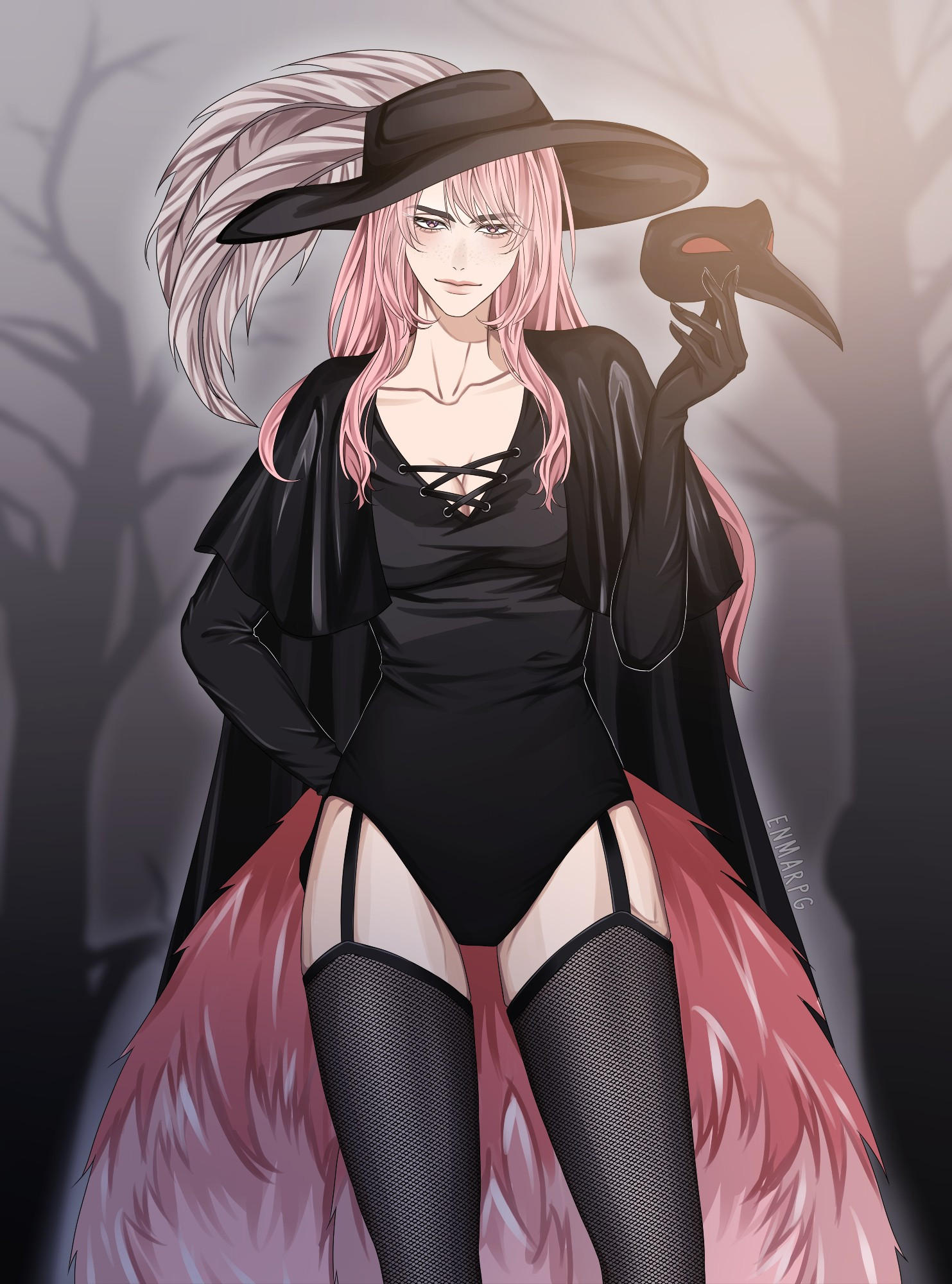 Twitch streamer cherriholicxx Halloween commissioned art. Cherri is dressed in one piece with garters, fishnets, cape, and a hat with a feather on it (all in blank). She's holding a plague doctor's mask in one hand while smirking.