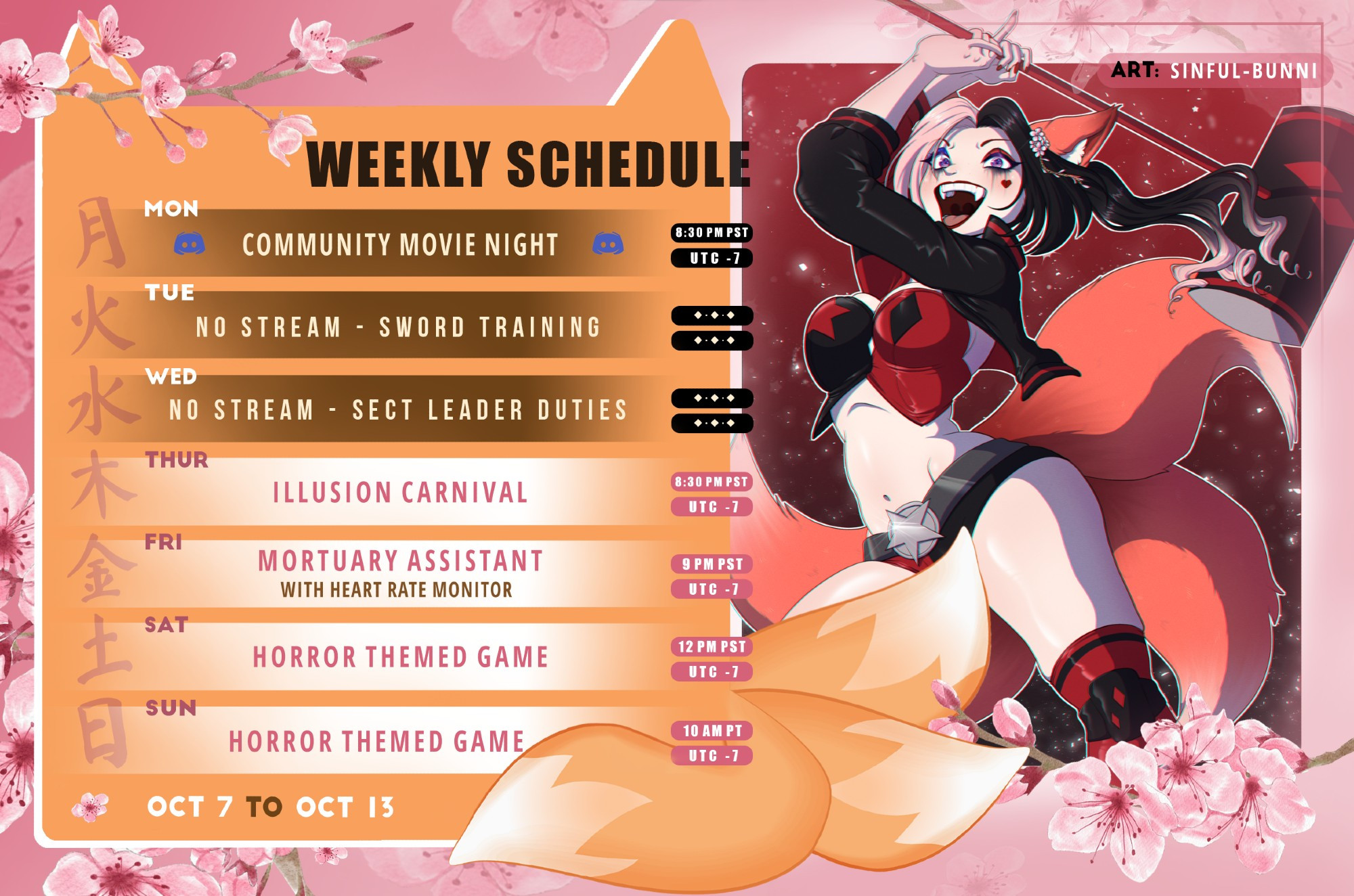 Twitch streamer cherriholicxx's schedule for October 14, 2024 - October 20, 2024 (Monday - Sunday) featuring art from @Sinful_Bunni. (Art - Cherri is dressed up as Harley Quinn in a black and red bustier, booty shorts, and knee pads. She's posed mid-swing with a matching black and red mallet.) 

Monday - Wednesday: No stream
Thursday: Illusion Carnival @ 8:30 PM PST
Friday: Mortuary Assistant with heart rate monitor @ 9 PM PST
Saturday: Horror-themed game @ 12 PM PST
Sunday: Horror-themed game @ 10 AM PST