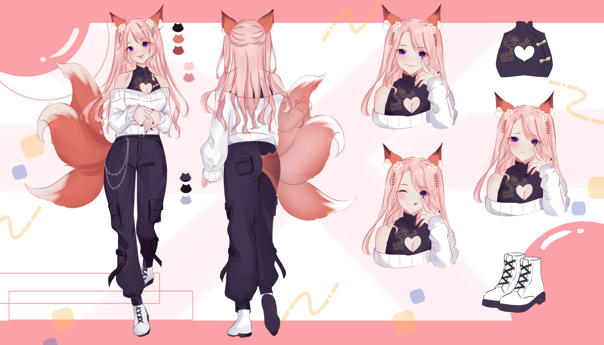 Reference sheet for Twitch streamer cherriholicxx. She's a fox spirit with 3 red fox tails with white tips and red fox ears with black tips. Her outfit consists of a white off the shoulder sweater, halter with a heart cut-out window right above the chest, long black cargo pants with 2 silver chains on the left side, and a pair of white boots with heels, black soles, and laces. She has pink hair that's half-up in twin tails that's wavy near the ends and bangs. She also has hair clips for each twin tail that's a cluster of 3 plum blossoms and a dangling gold chain with metallic leaves. 