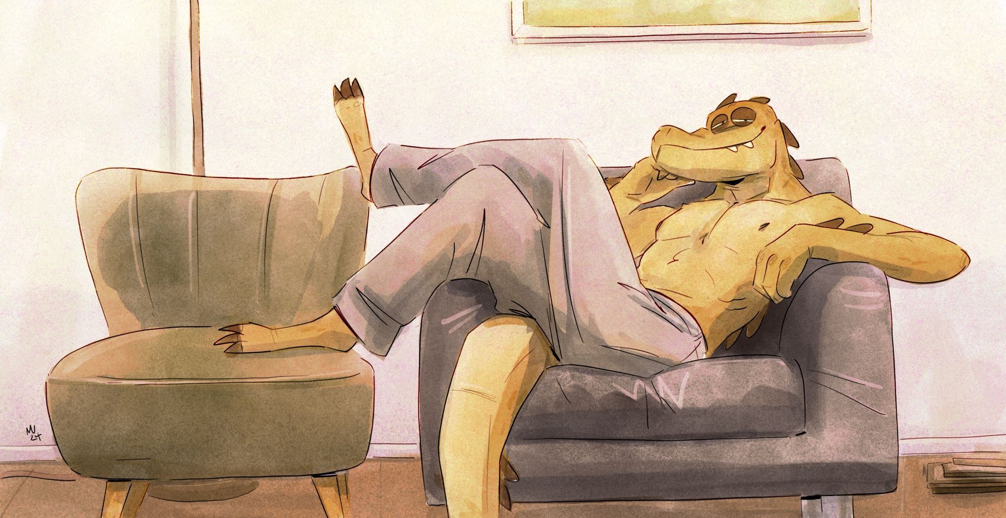 An anthropomorphic Crocodile man sitting comfortably sideways in a big char and looking at the viewer