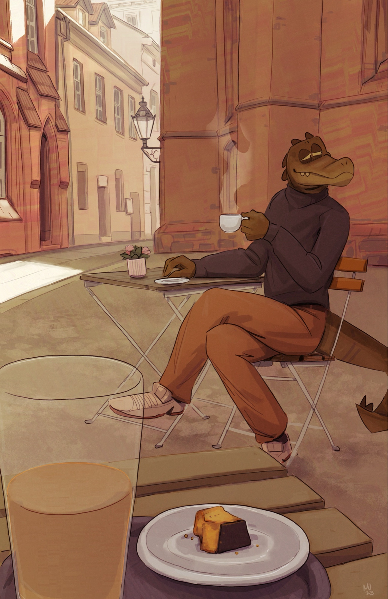 An anthropomorphic crocodile sitting outside at a café table, holding a steaming cup of coffee while looking out of the frame. The surrounding resembles a German style old town