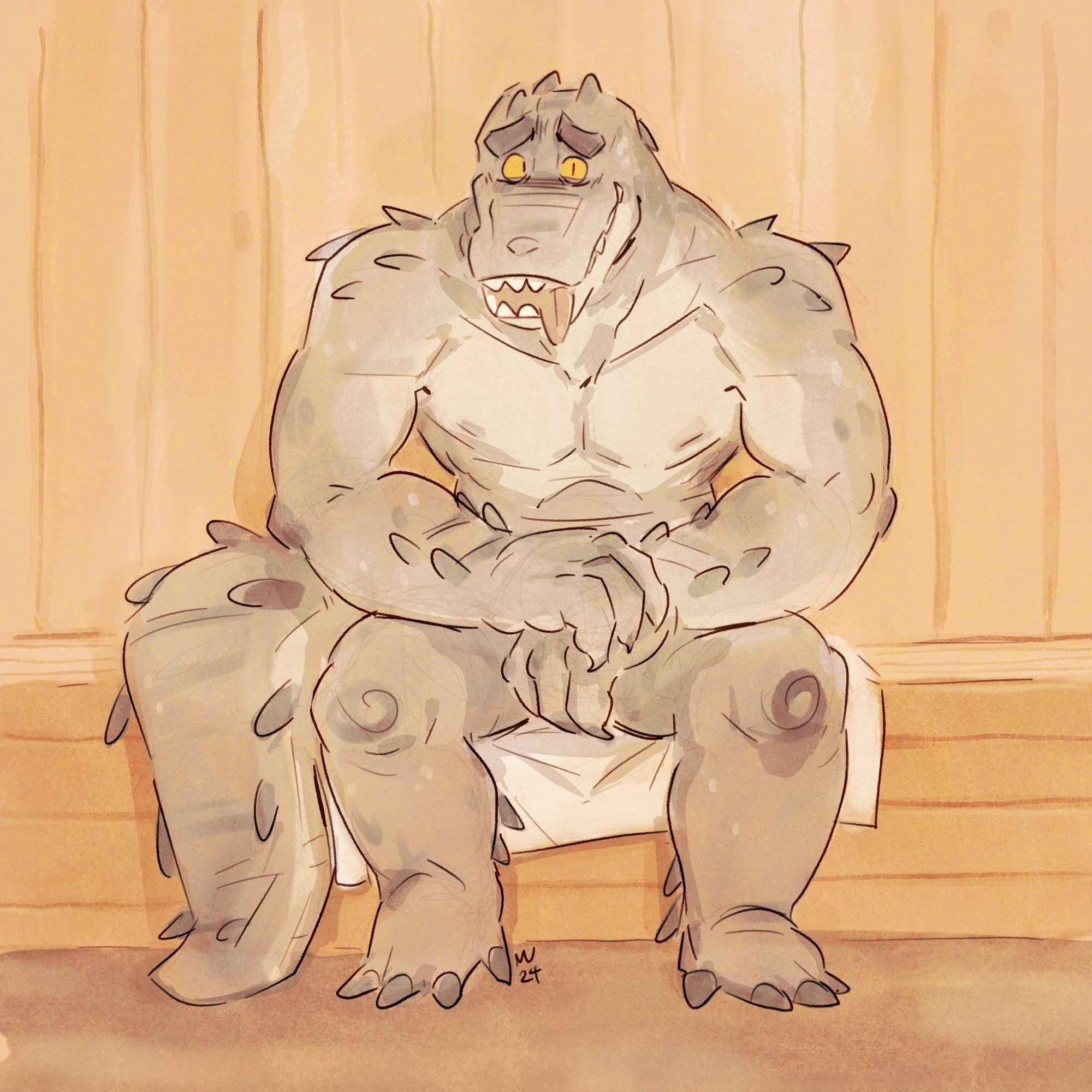 Anthropomorphic alligator man sitting in a sauna, looking slightly overwhelmed by the heat.