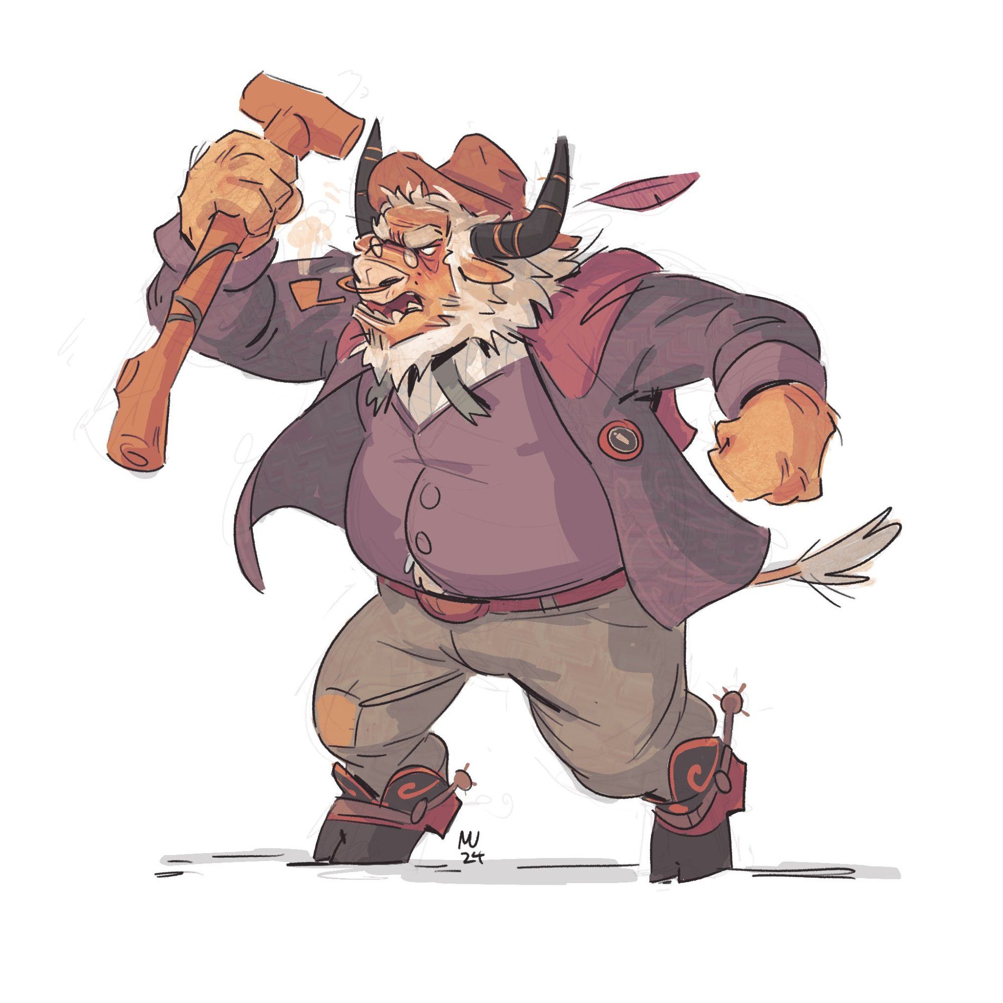 An old looking anthropomorphic bull/minotaur man, angrily waving his walking stick in the air.