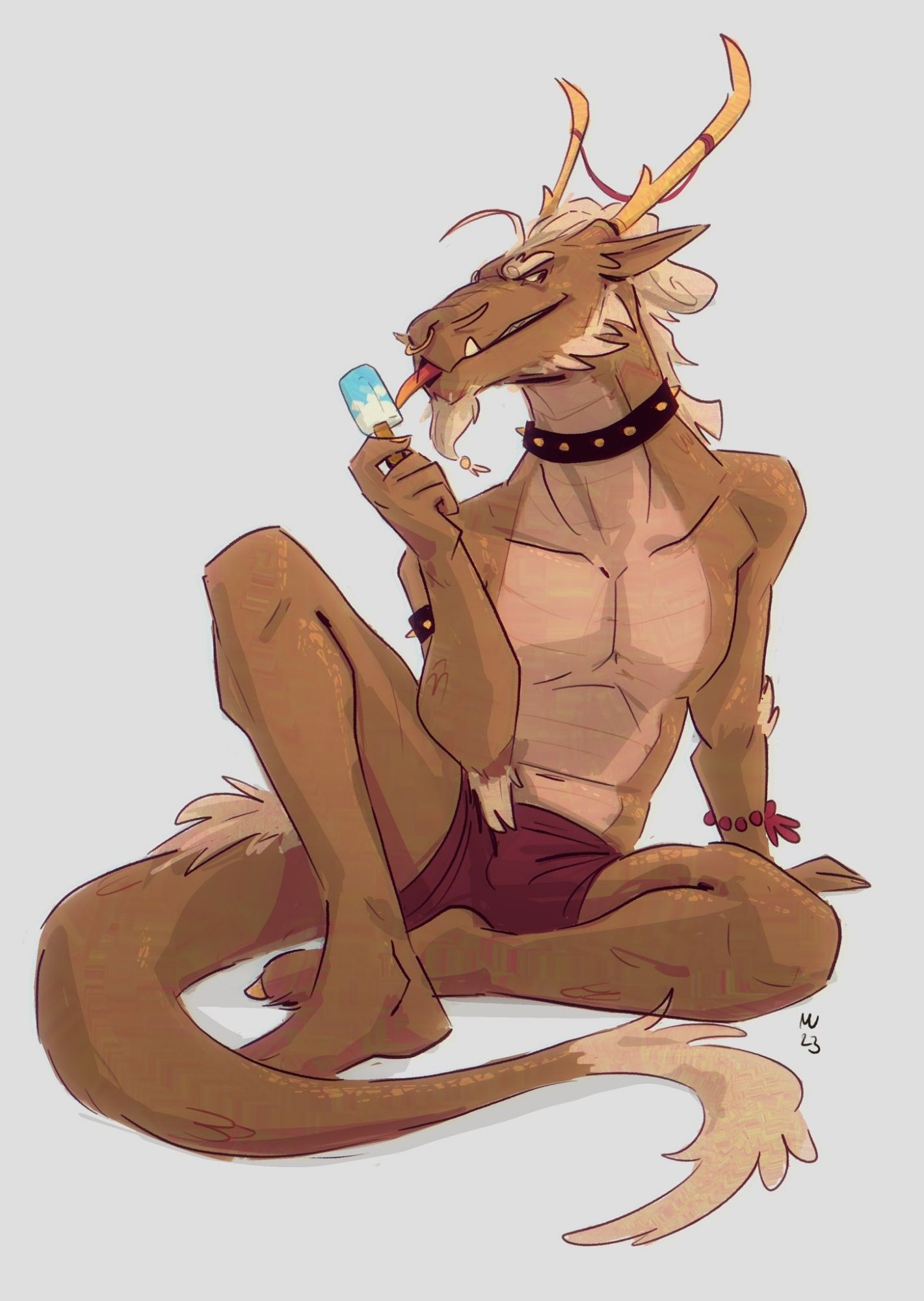 A lightly clothed anthropomorphic Asian dragon named Szechuan Long is sitting on the floor and eating a popsicle while looking at the viewer.