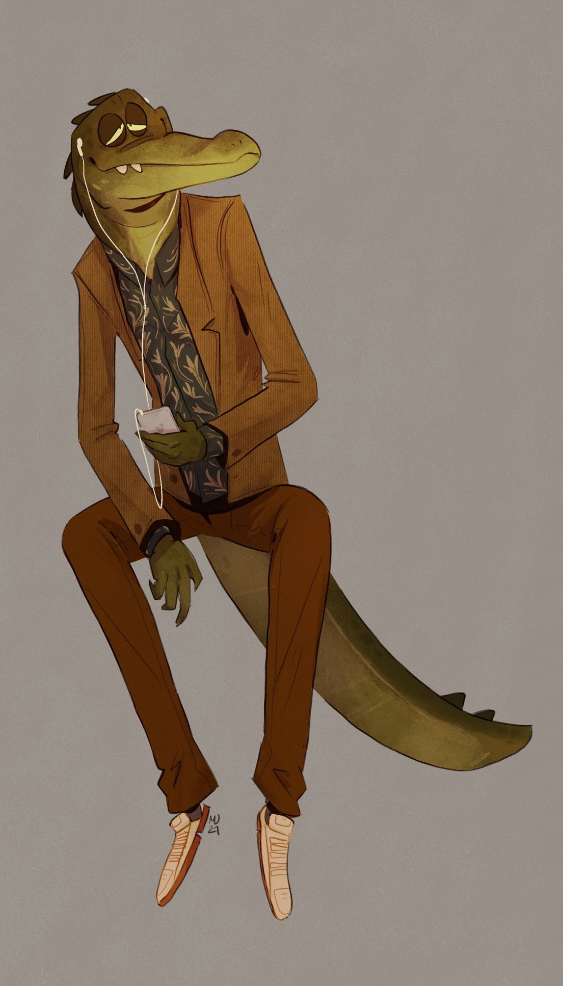 A fancy dressed anthropomorphic crocodile listening to music on his iPod