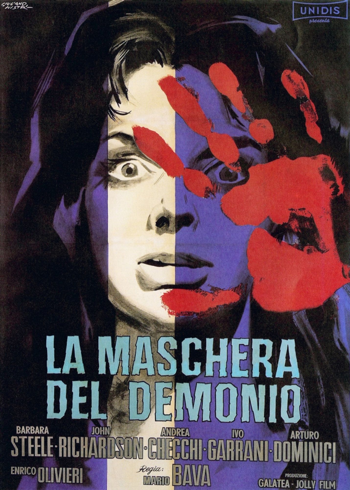 An Italian poster for "Black Sunday", "La Maschera del Demonio" over there, painted by Giuliano Nistri. The terrified face of a woman with long hair, hidden save for a strip of exposure down her right side. A bloody hand print stamps her left side.