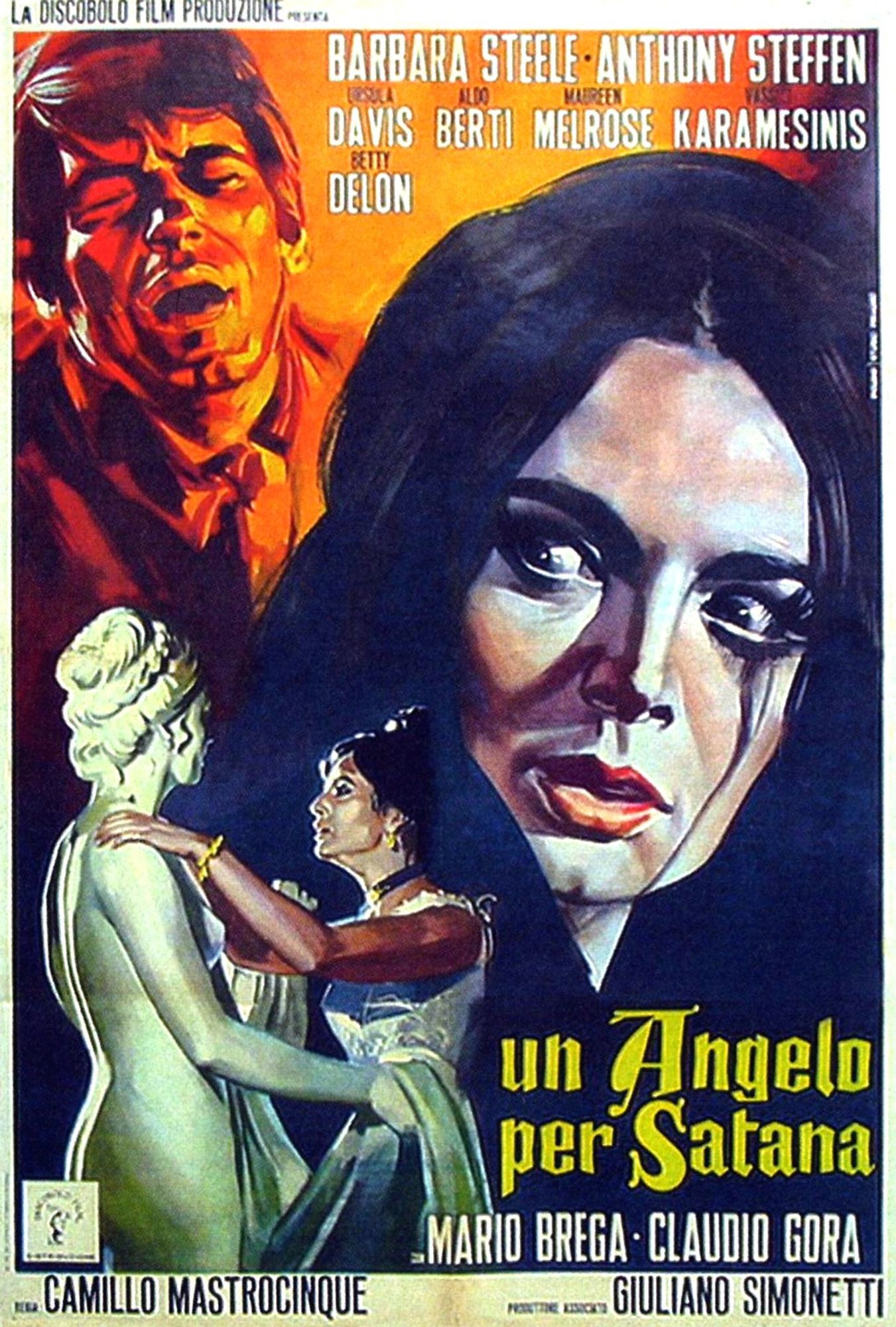 The poster of "An Angel for Satan", directed by Camillo Mastrocinque. A woman in a lace gown, hair elegantly in a bun and choker around her neck, embraces a marble statue with a bracelet'd hand. Behind them, a crazed version of the woman glaring at them with wild hair. Behind her, an agonized male victim, eyes shut and mouth open.