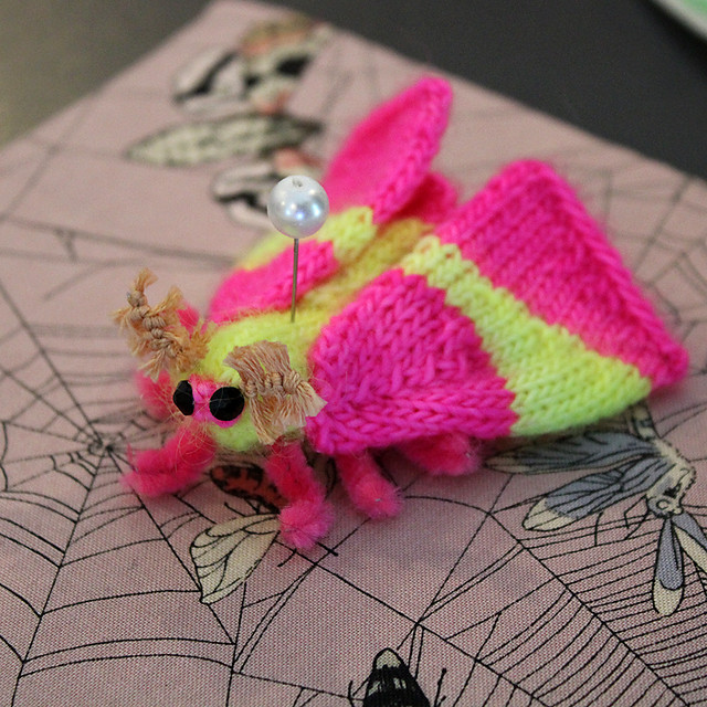 A knitted rosy maple moth is pinned to a board with a pearl-tipped needle.