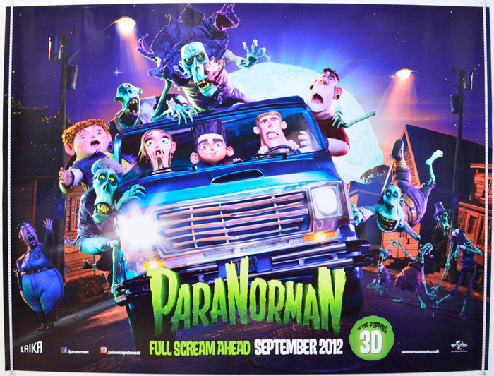 Norman, his sister, and his friends ride in a car and try to evade zombies on the poster for ParaNorman.