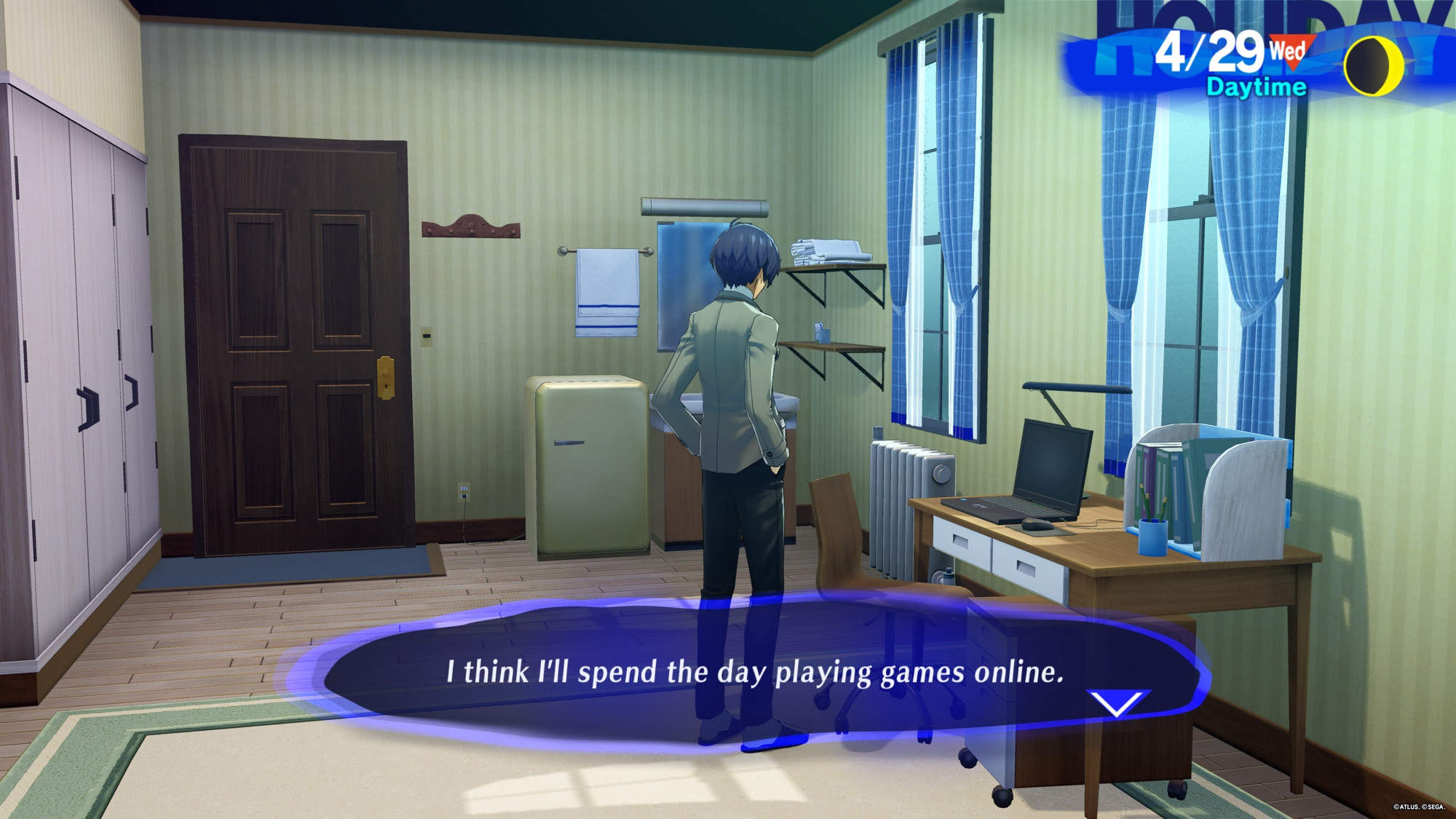 Persona 3 Reload screenshot, protagonist in his room looking at his laptop, displayed text reads, ‘I think I’ll spend the day playing games online’