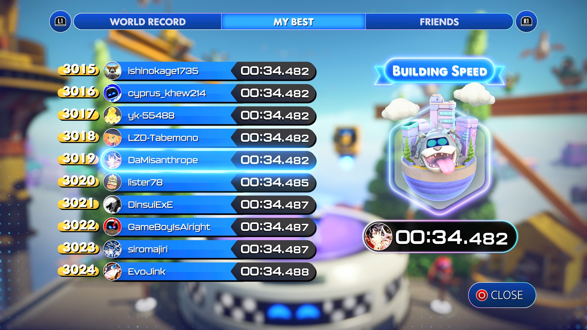 Astro Bot ‘Building Speed’ leaderboard. My personal best is 00:34.482