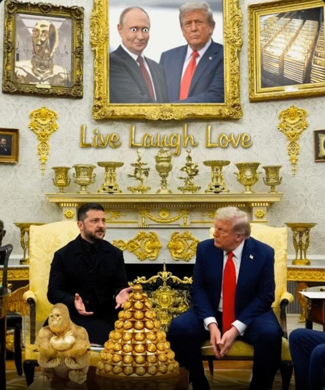 The gold-encrusted Oval Office with some additions: pix of C3PO and gold ingots, gold “Live, Laugh, Love” over the mantle, etc.