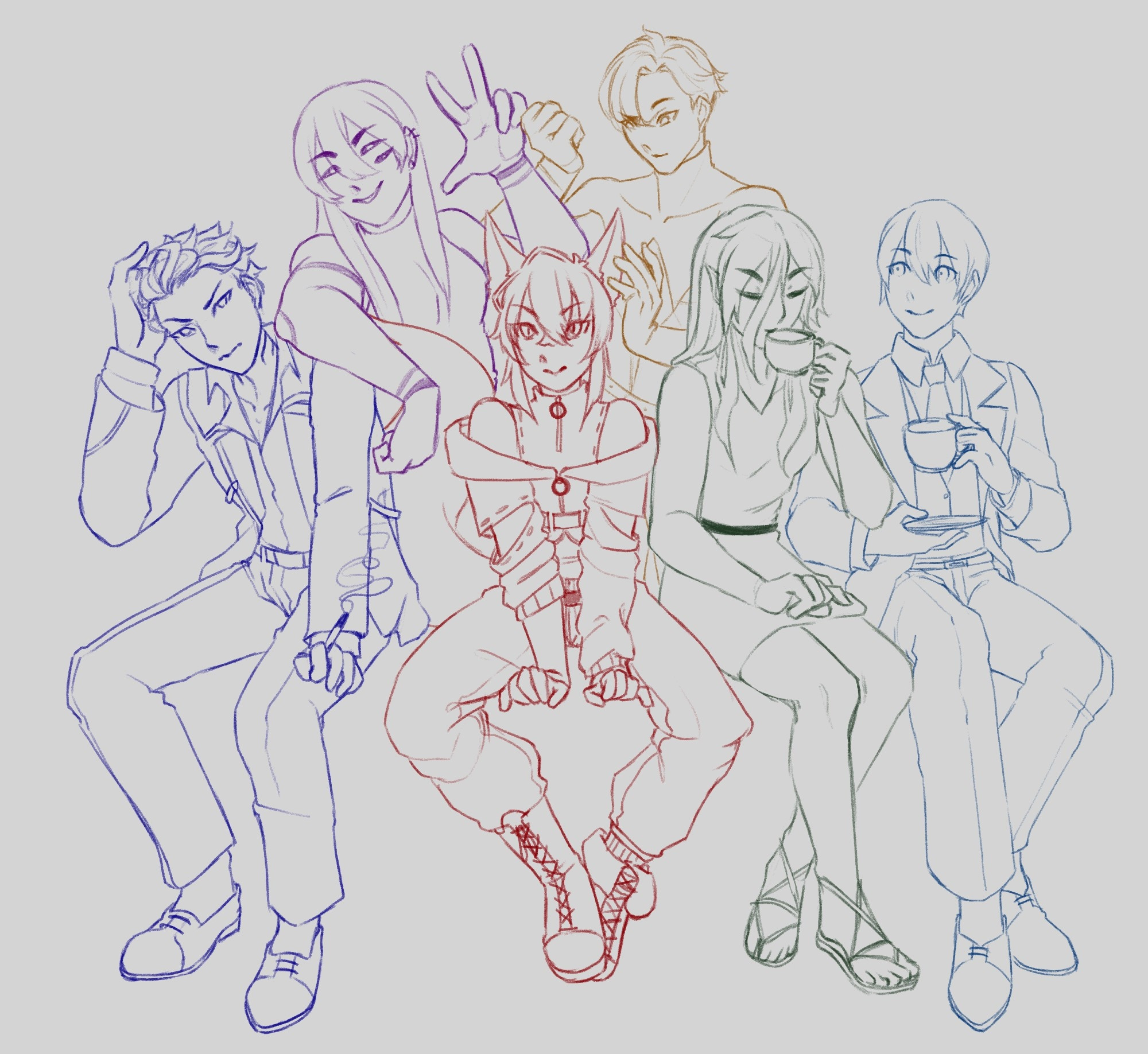 October 17ths 2024 doodle collage featuring Sei's character hold a cig, Mel's character throwing a peace sign, Allzy's character pondering over fox ears, Anuzin's character drinking tea, Stacie's character drinking tea as well. My character sitting in the middle.