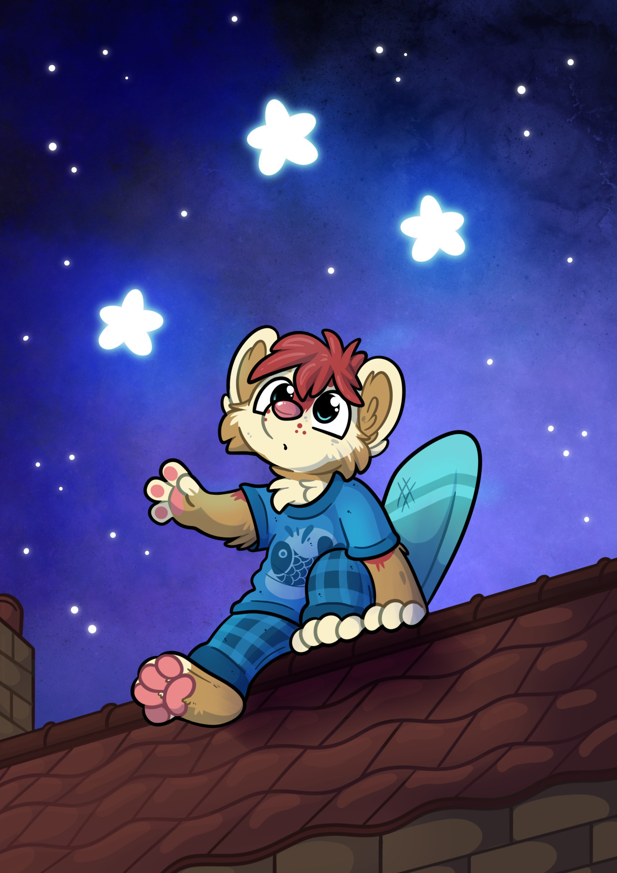 An anthropormophic beaver on a rooftop looking at the night sky