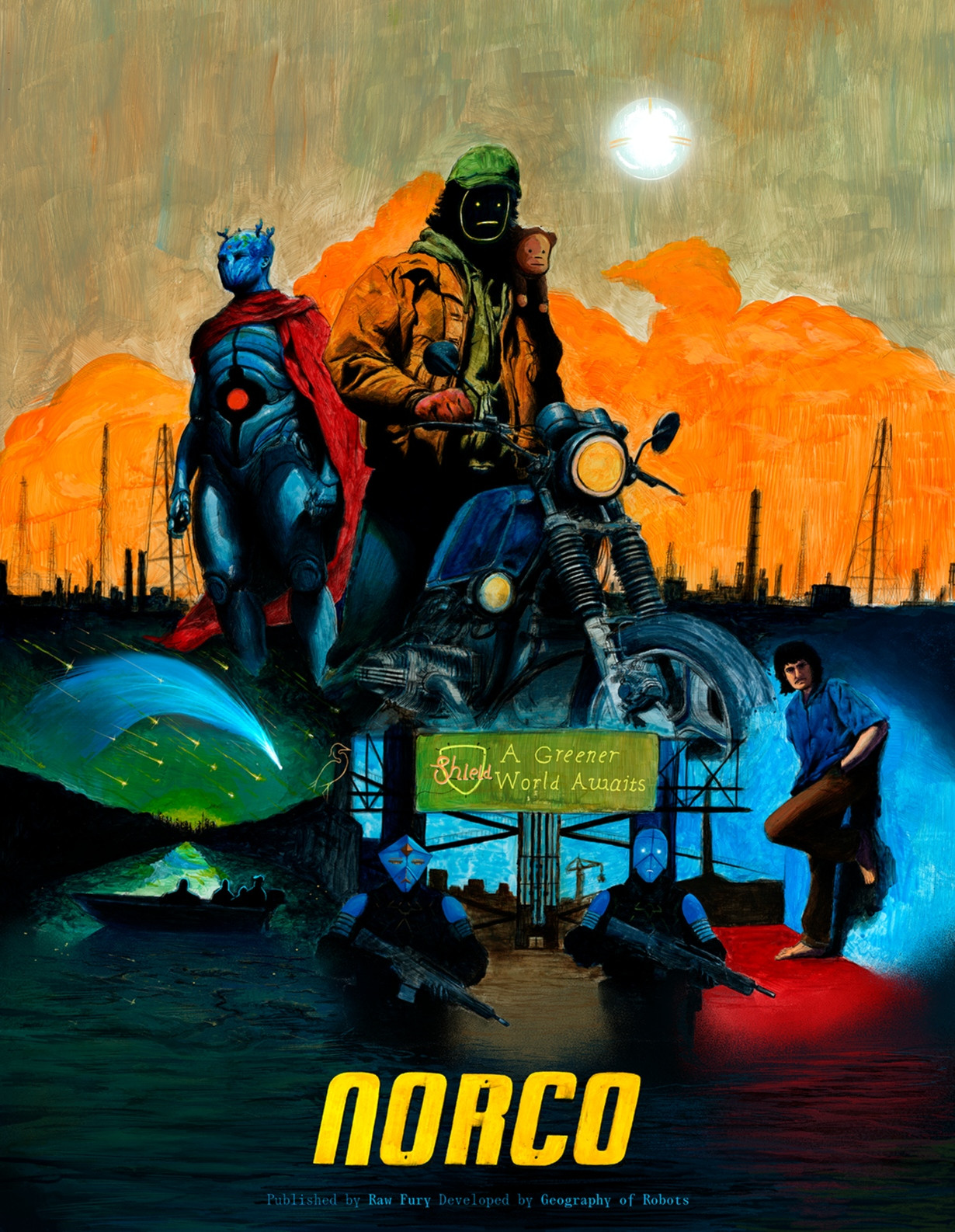 Poster of the game Norco developed by Geography of Robots. Features a few main characters and some blended scenes from various parts of the game