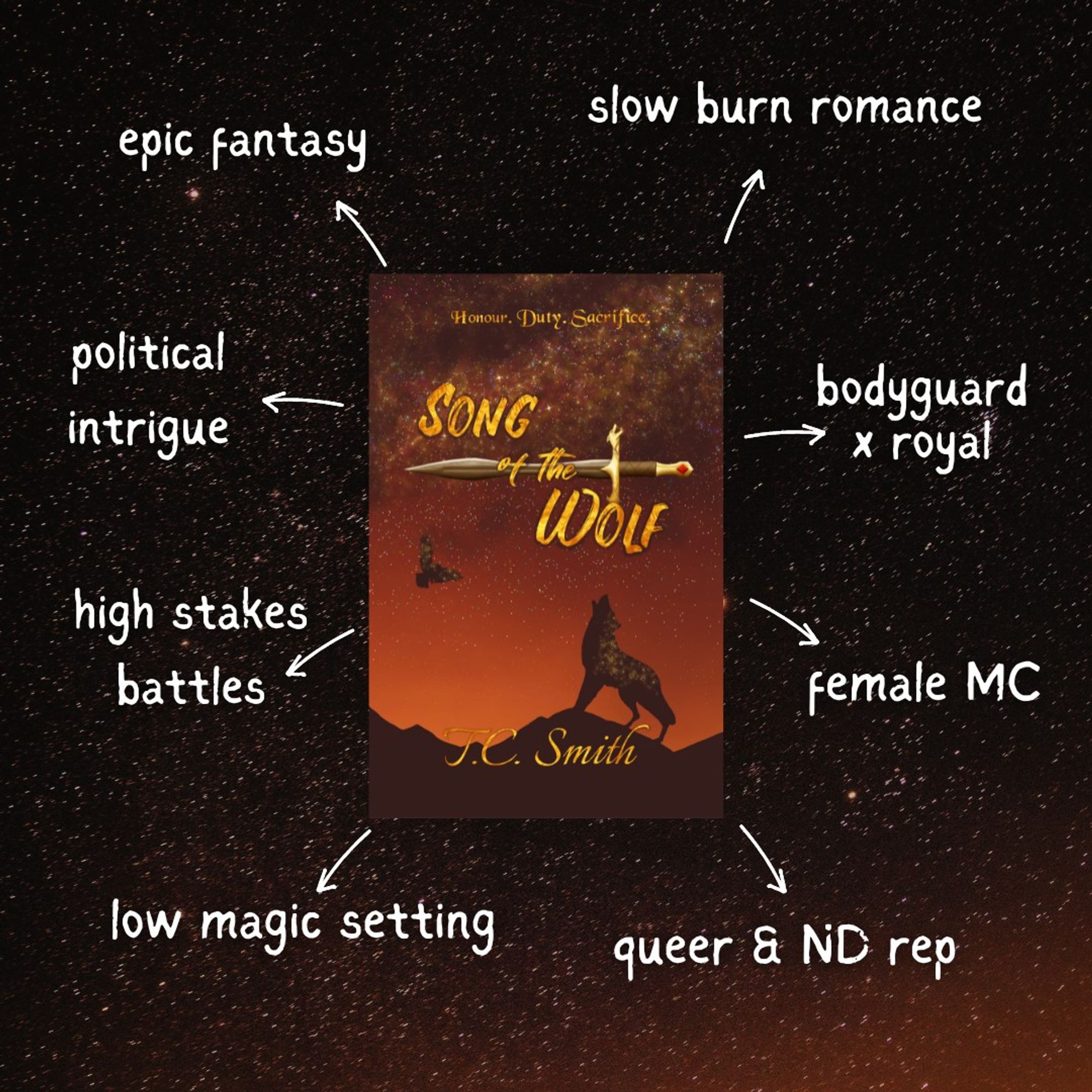 A trope map graphic for Song of the Wolf by TC Smith on a dark orange night sky background. Starting in the top left corner and going clockwise, the tropes listed are: epic fantasy, slow burn romance, bodyguard x royal, female MC, queer & ND rep, low magic setting, high stakes battles, and political intrigue.