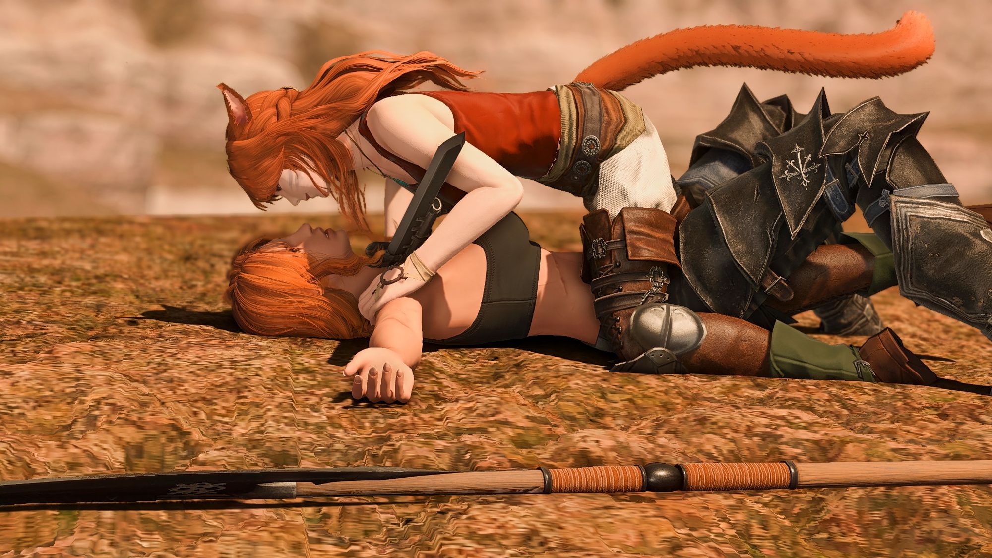 sanna on the ground, spear knocked to the side, sarama on top of her with her gunblade on sanna's neck