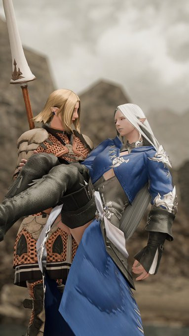 Heustienne de Vimaroix (elezen DRG from the HW DRG quests) carrying Ysayle and looking shocked