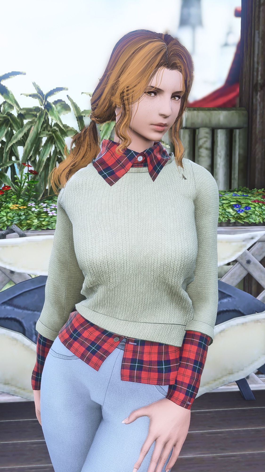 sweater with flannel shirt underneath