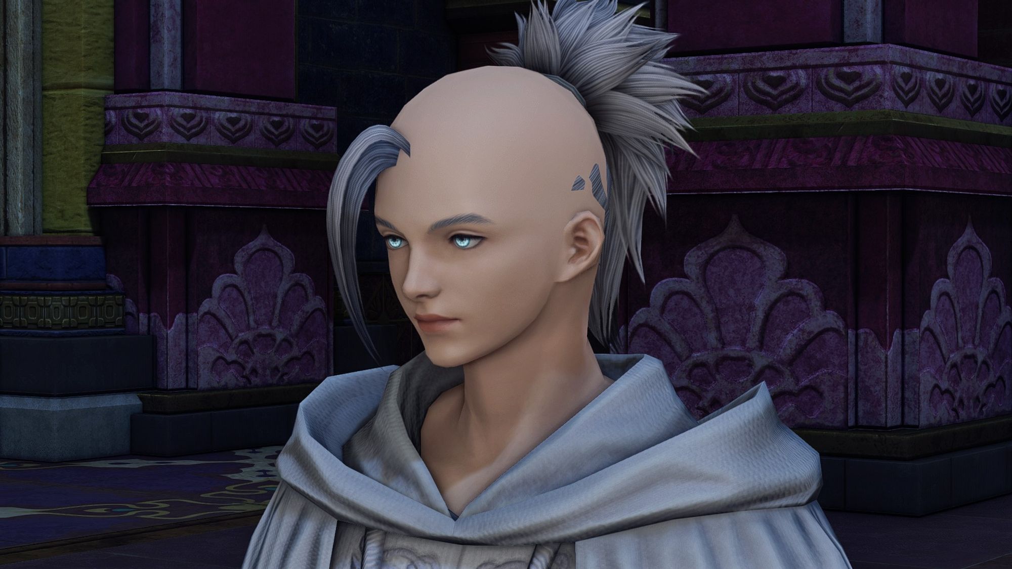 Themis with the Rainmaker hair loaded on his model; the hair is too small for his head, so there's a little bit sticking out of the front and back but he's otherwise bald