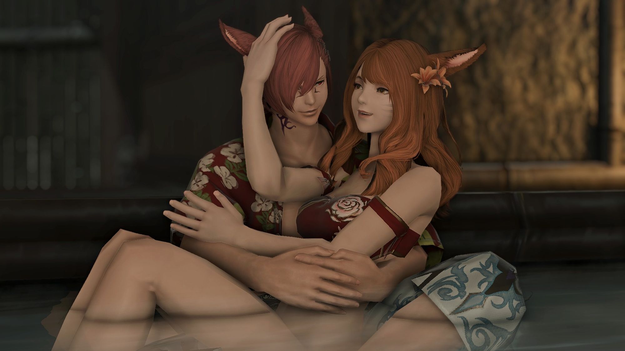 sarama and g'raha relaxing in the pool; sarama's cradled in g'raha's arms (which works somehow despite her being a little bit bigger than him) and she's playing with his ear