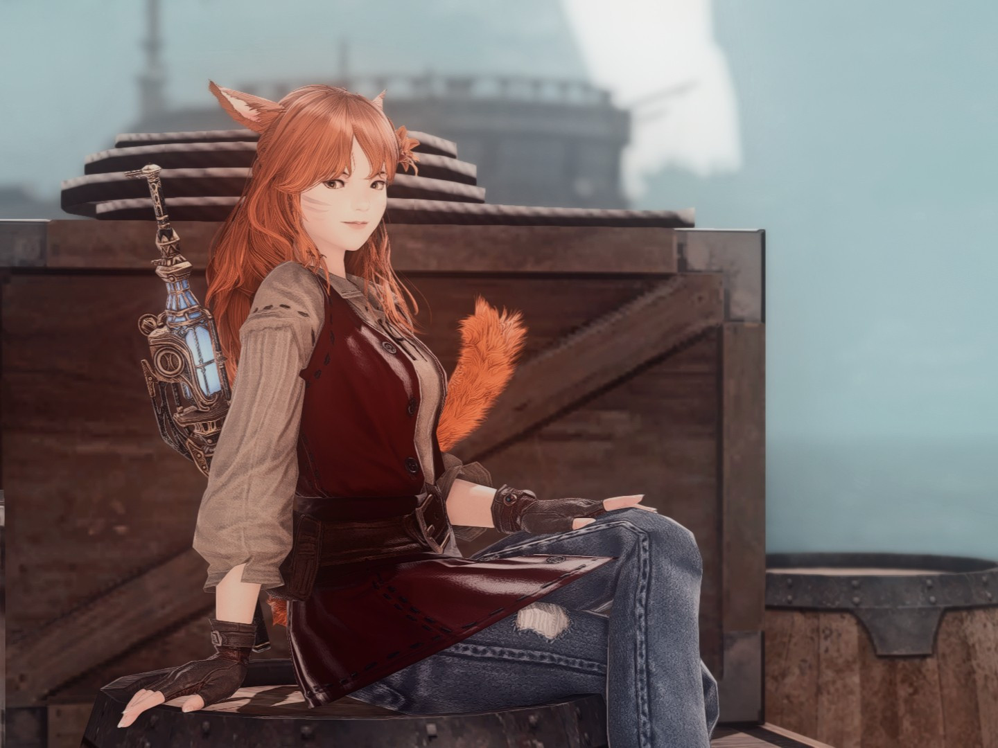 in fishing gear, sitting along the docks in Limsa