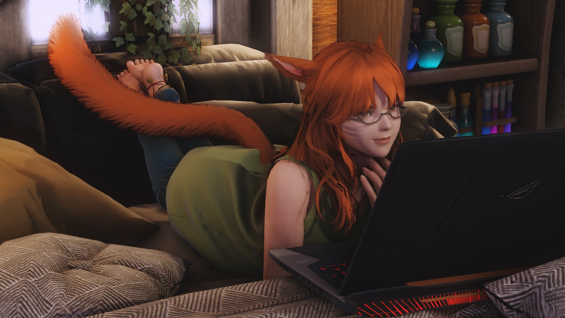 sarama, in a loose-fitting top and jeans, laying on the bed and watching videos on a gaming laptop