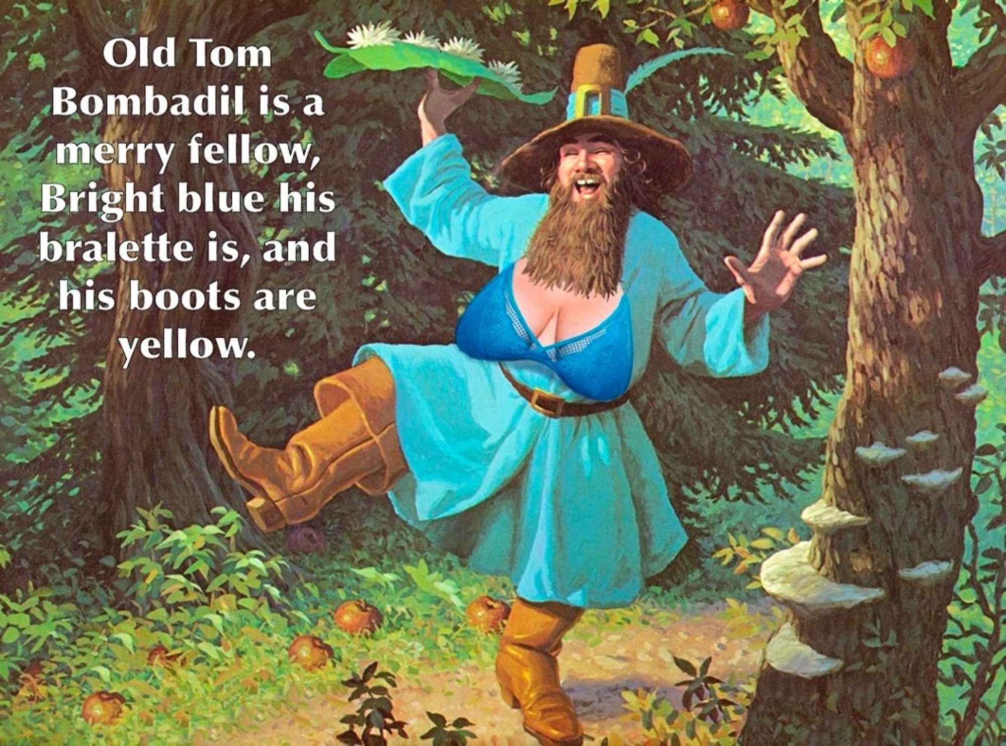 old tom bombadil is a merry fellow, bright blue his bralette is, and his boots are yellow