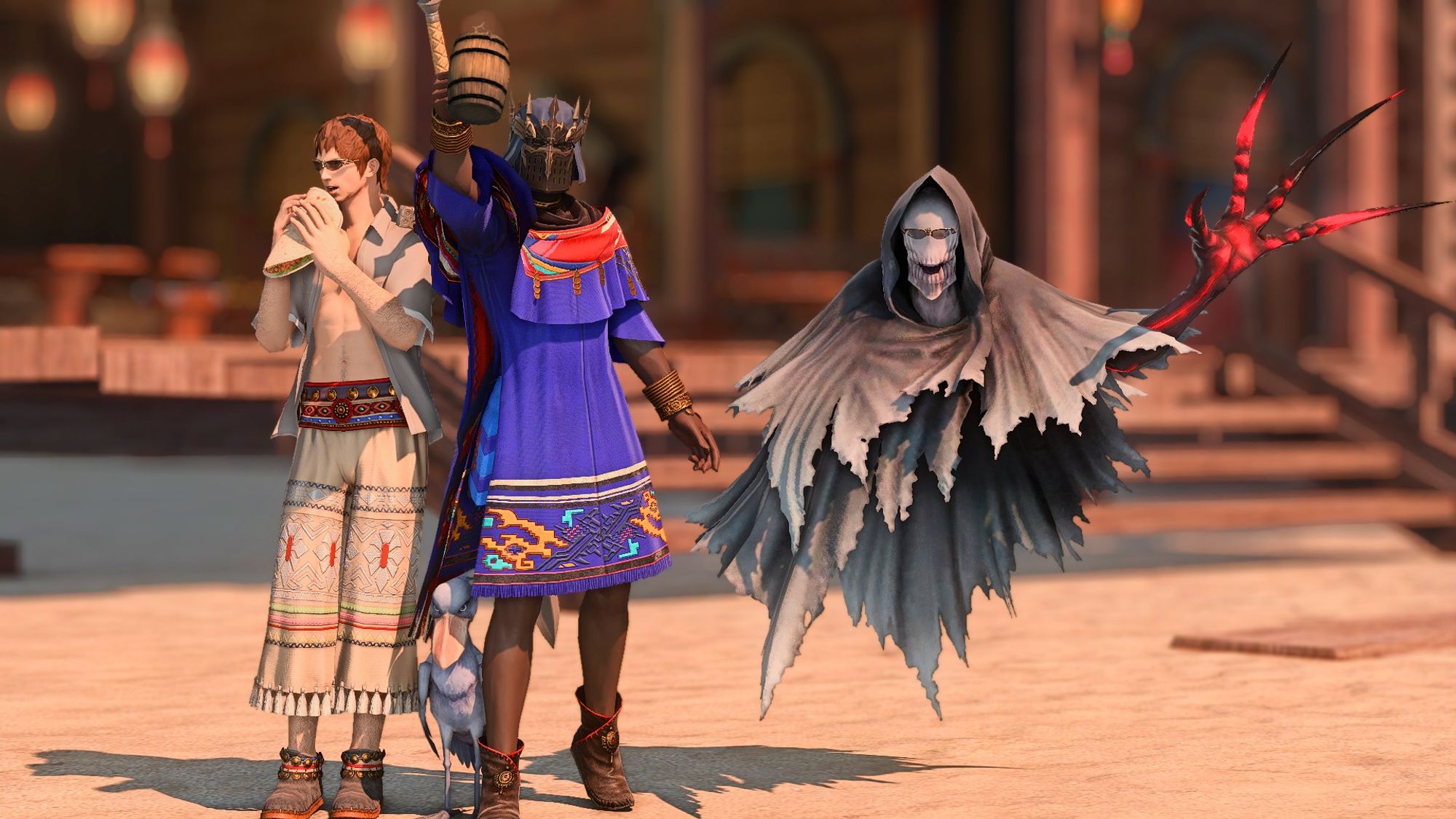 ardbert, the shoebill, fray, and the reaper avatar on the beach in tuliyollal, wearing vacation/turali themed outfits and sunglasses and waving at the camera