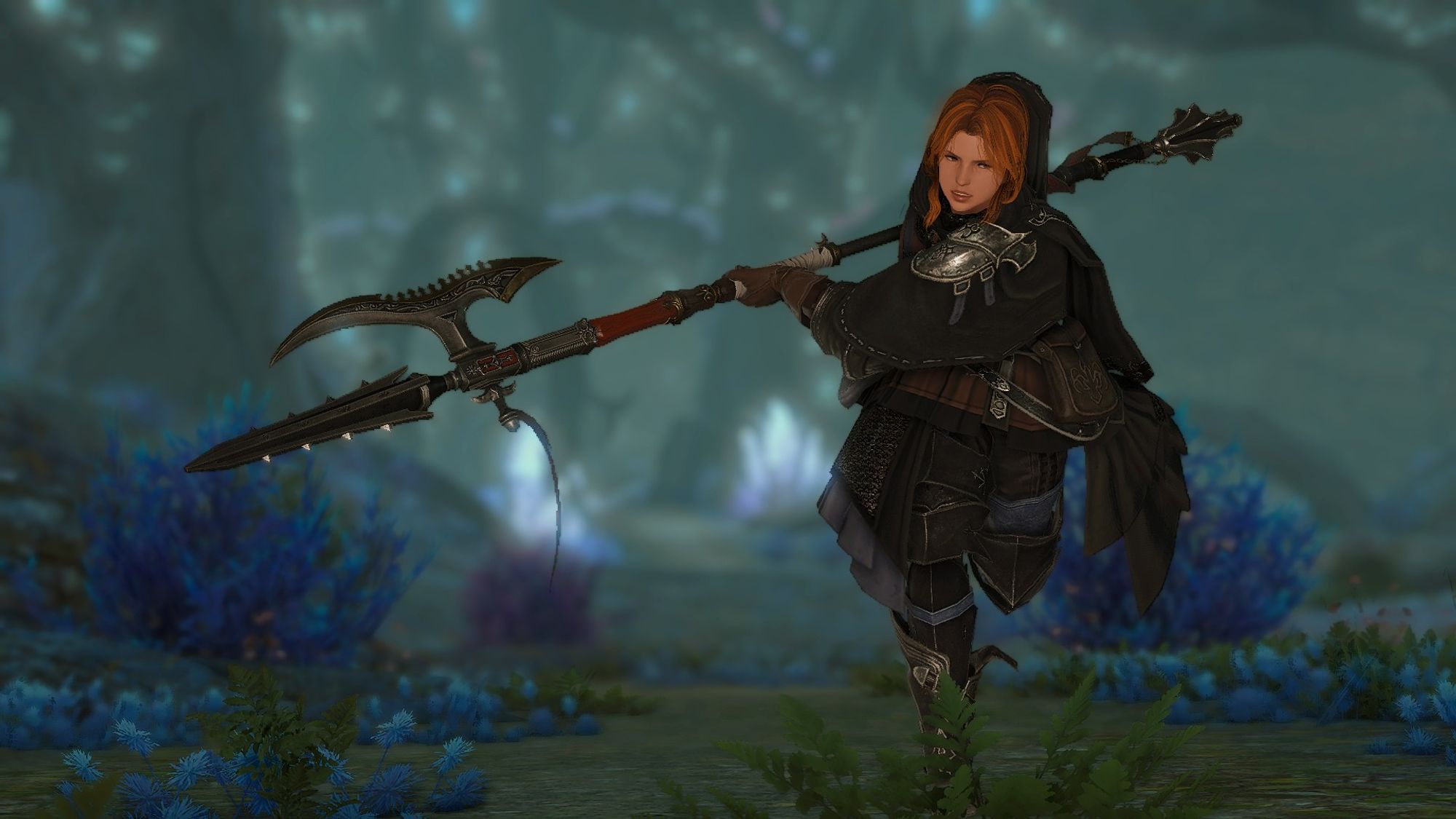 A female highlander hyur dragoon, sprinting forward, halberd drawn