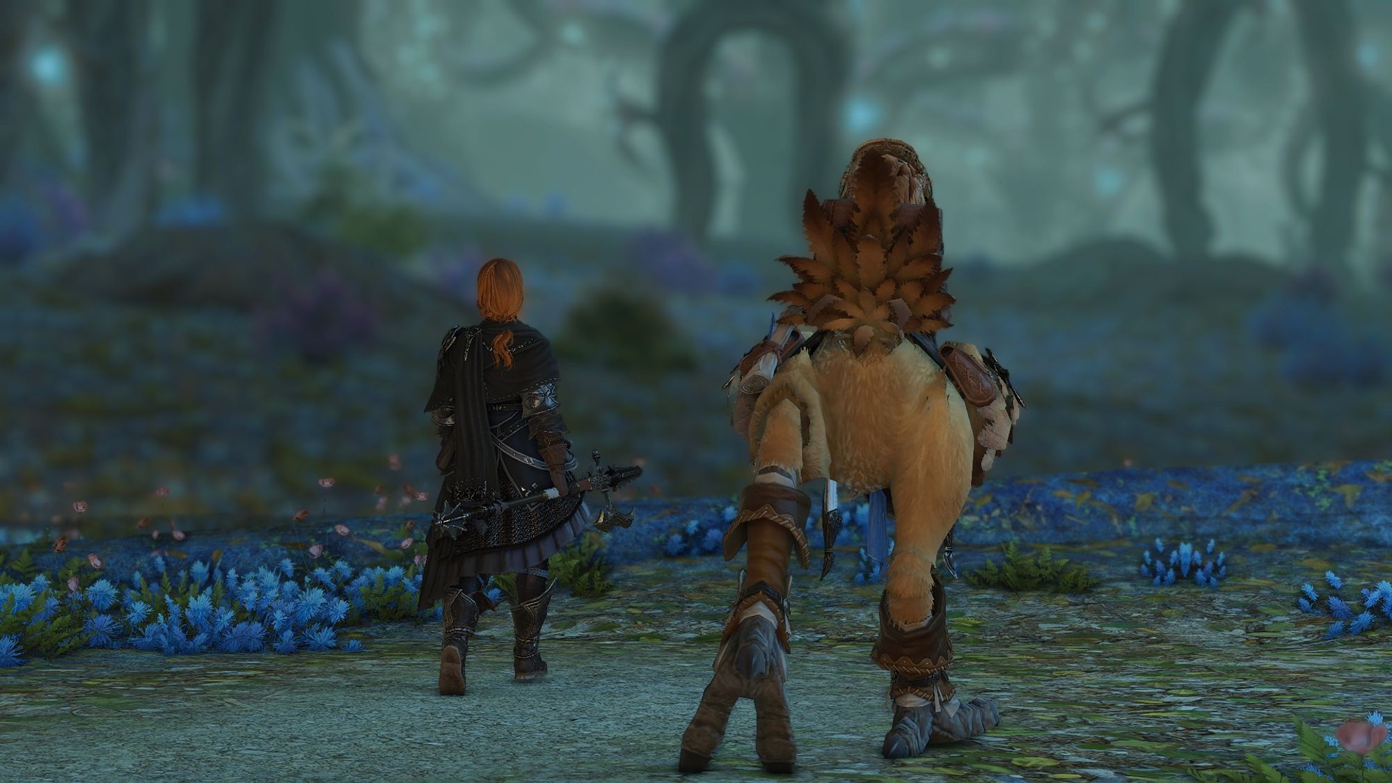 a female highlander hyur dragoon and her chocobo walking through the undergrowth of Yak Tel