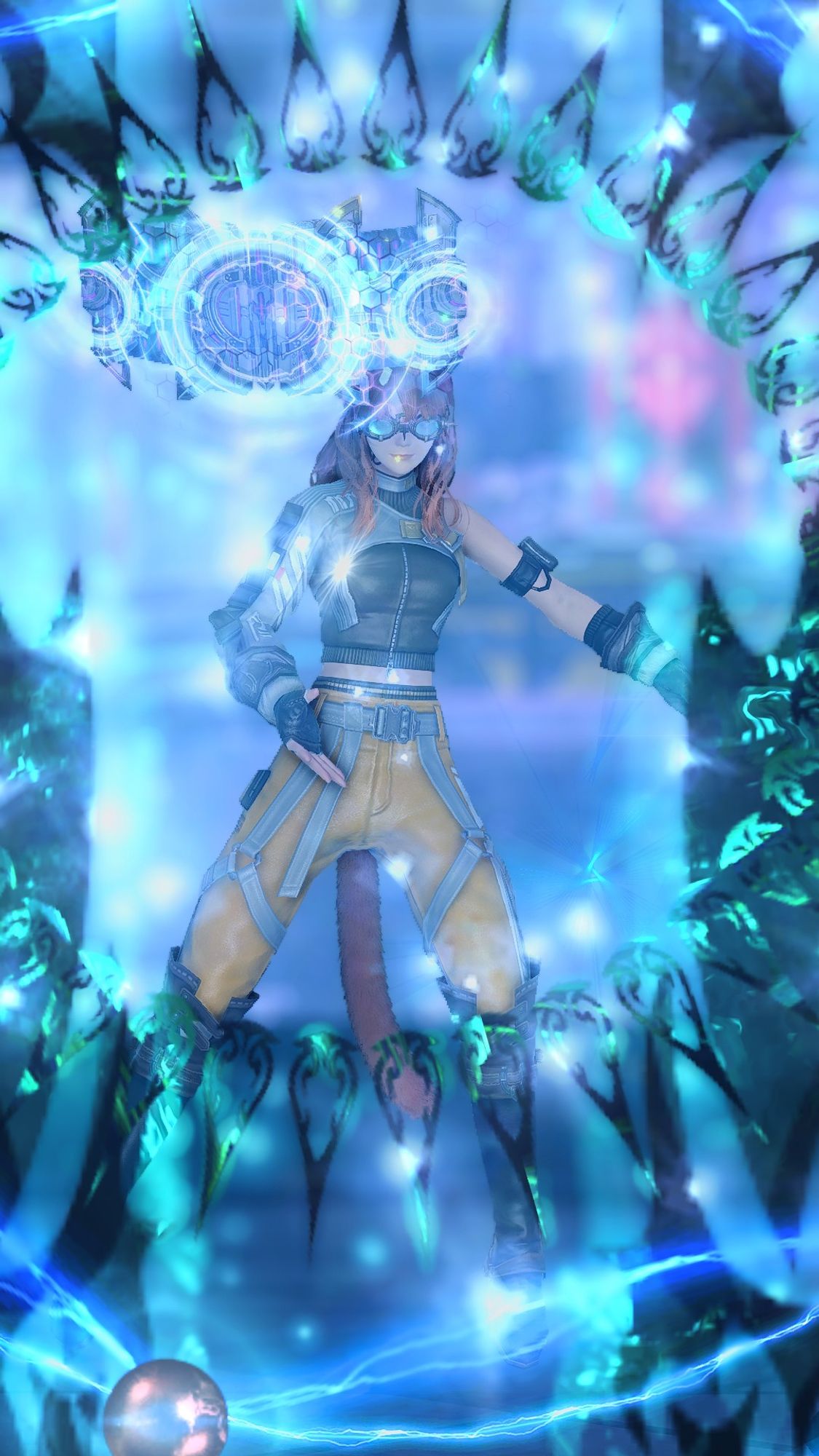 a miqote arcanist in techwear/goggles with a floating magitek spellbook, framed by arcane circles