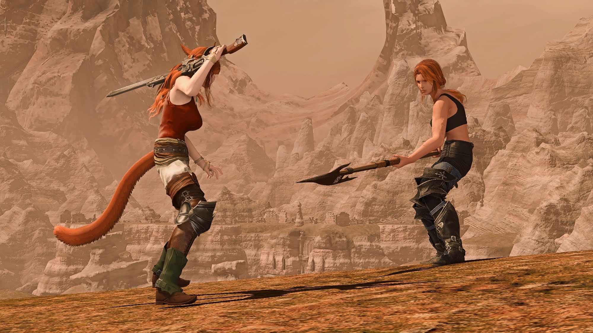 squaring off; Sarama with a light gunblade (with no cartridges loaded), Sanna with a light spear