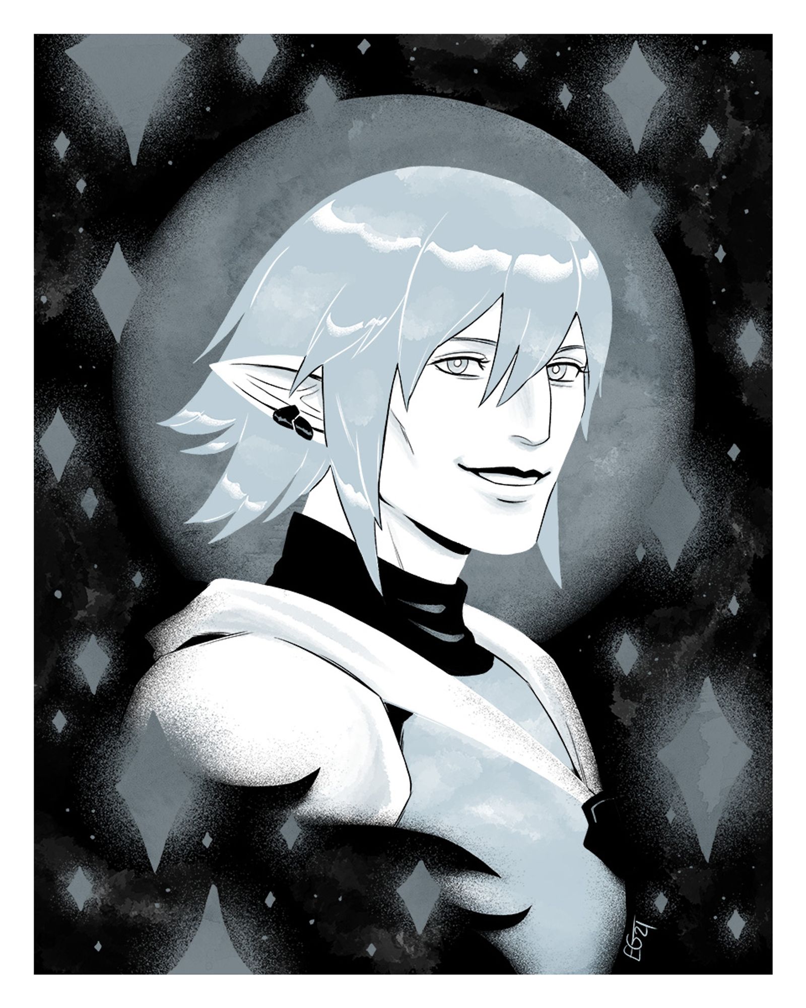 portrait art of haurchefant from ffxiv, done in a minimal color style with black, white, and silver as the focus colors with some gray details for shading. haurchefant is wearing his usual outfit, and the background has a silver circle with silver stars surrounding it.