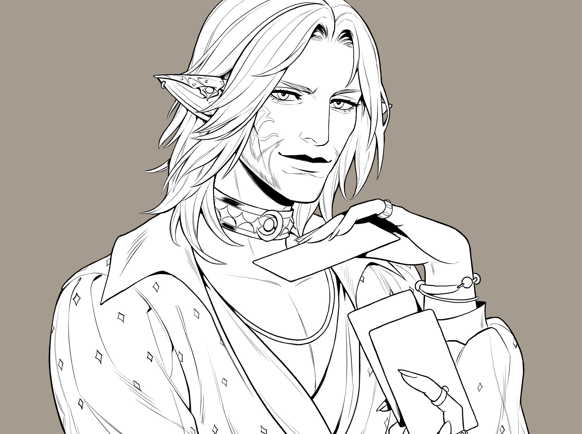 a cropped lineart WIP of urianger from ffxiv