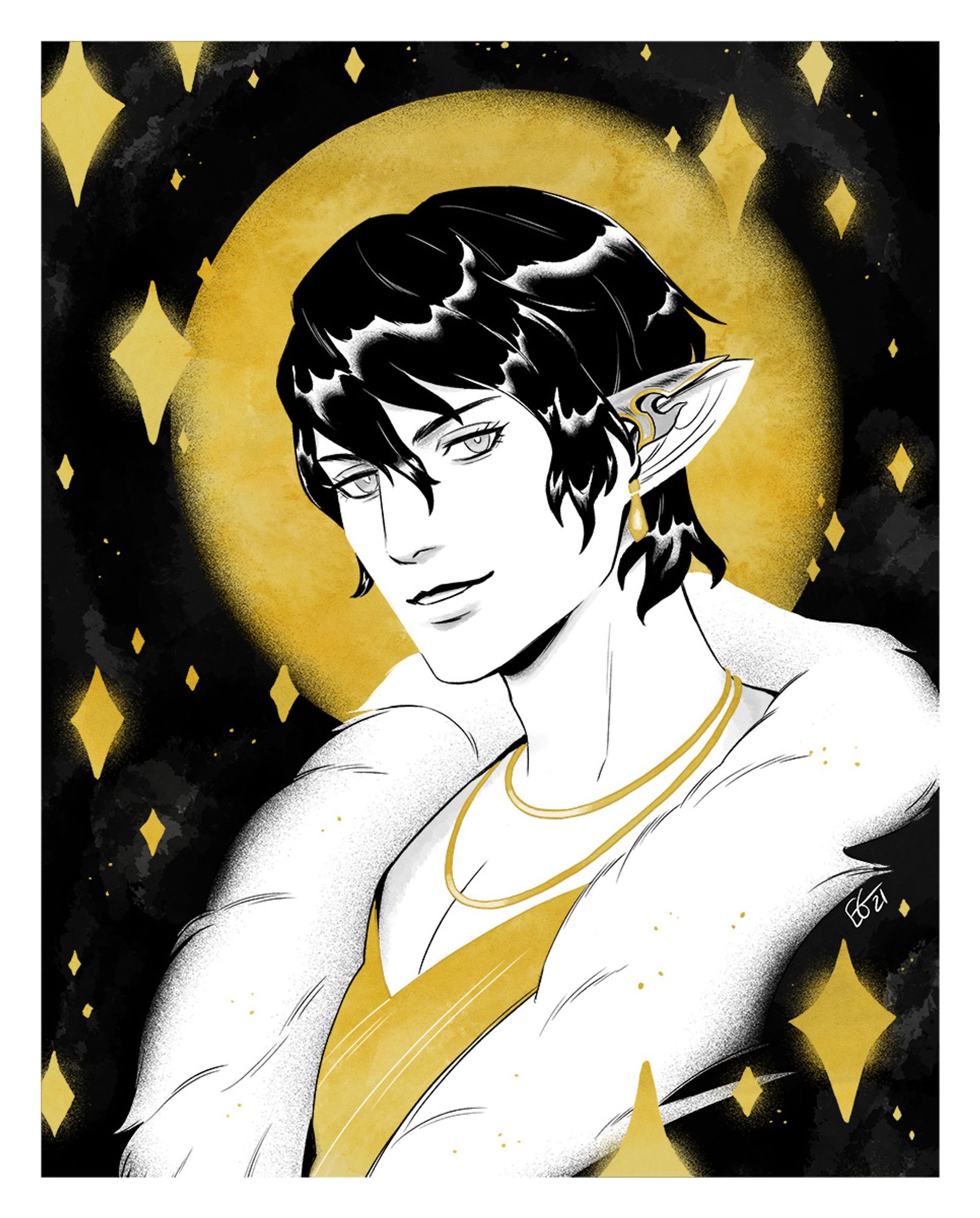 portrait art of aymeric from ffxiv, done in a minimal color style with black, white, and gold as the focus colors with some gray details for shading. aymeric is dressed in white and gold, and the background has a gold circle with gold stars surrounding it.