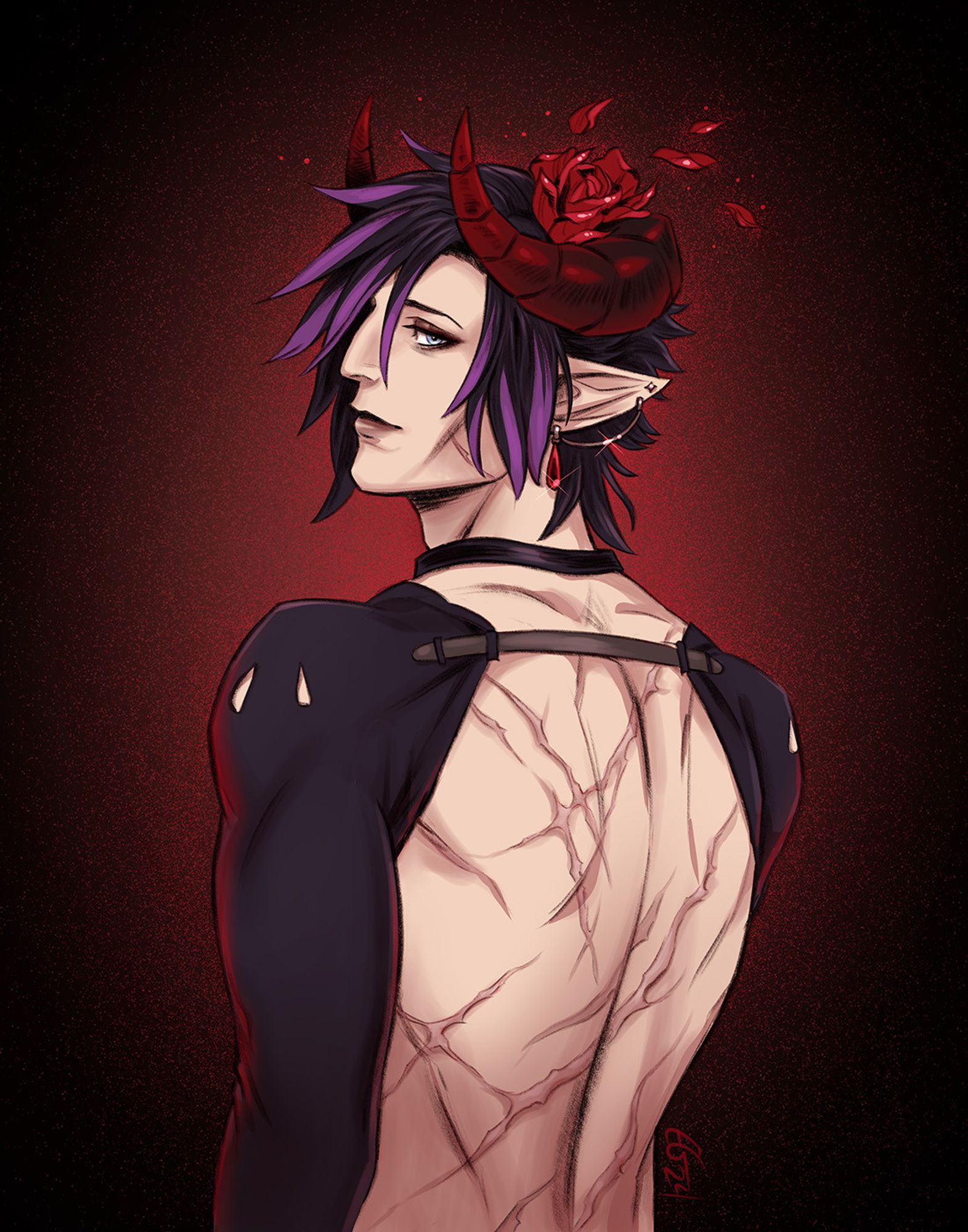 art of my elezen OC, solus, with his back scars in full view and his face slightly turned towards the viewer. he has a somewhat ambiguous but tired expression