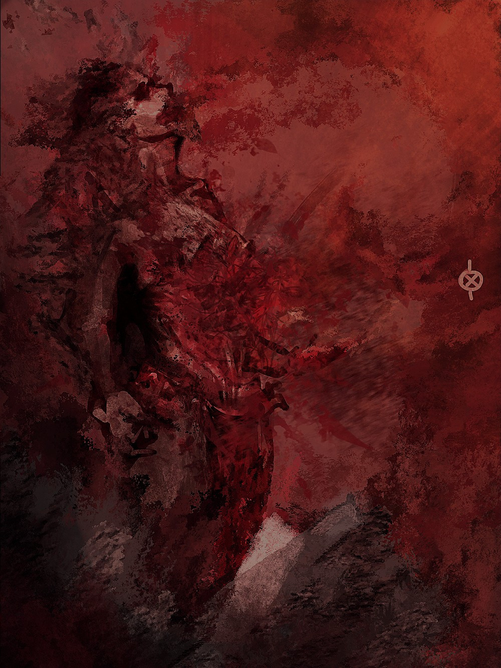 A harsh digital painting of someone partaking in Dragon Communion, leaving behind their humanity as their flesh opens up to spikes and rocky scales, slowly becoming that of a dragon. The background has red and orange tones. The brushwork is harsh and sharp with little definition, referencing the violent and messy transformation without offering anatomical detail.