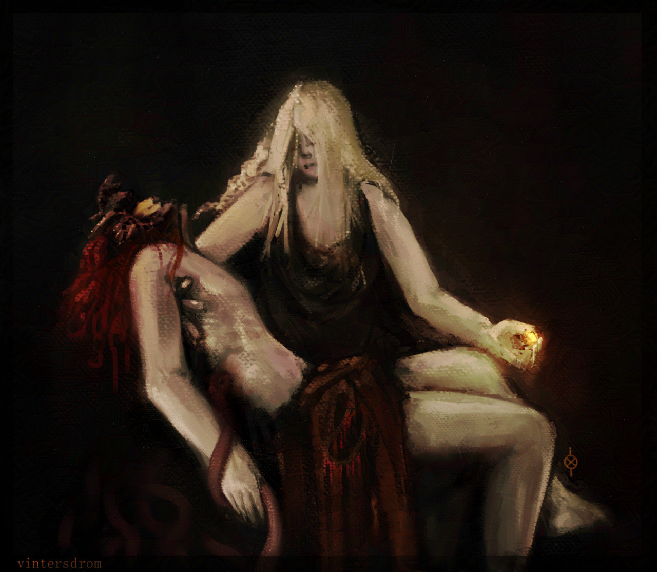 A piece of Elden Ring fanart depicting Messmer being held in Marika's arms, a direct reference to Michelangelo's Pietà (1499). In her right hand, Marika holds a glowing scarseal. A serpent is twisting around Messmer's arm and biting him in his lower side.