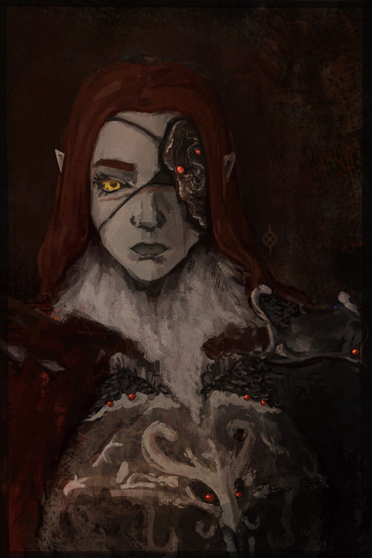 A bust of Serpentmaiden Fiz. One of her eyes is covered by an ornate patch with red jewels, covering a big scar that spreads across her face in the shape of a cross. Her armor is decorated with metallic pieces resembling a dragon's head with swirling fire surrounding it. Her shoulder is covered by a tattered red cloak, with horn-like protuberances clawing out of it.