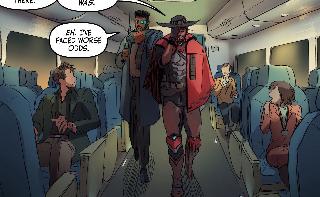 Cole Cassidy and Baptiste from Overwatch, walking down the inside of a train together. 